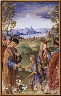 Максимилиан Сфорца приносит оммаж императору Максимилиану ( итальянская миниатюра 16 века)