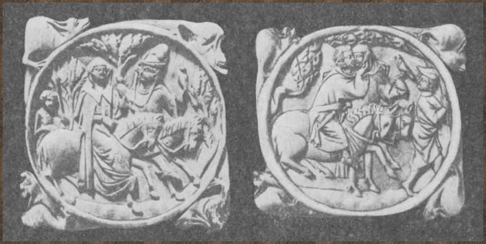 Галантные сцены, изображенные на коробочках для хранения зеркал. Резьба по слоновой кости. Франция, первая половина XIV в.