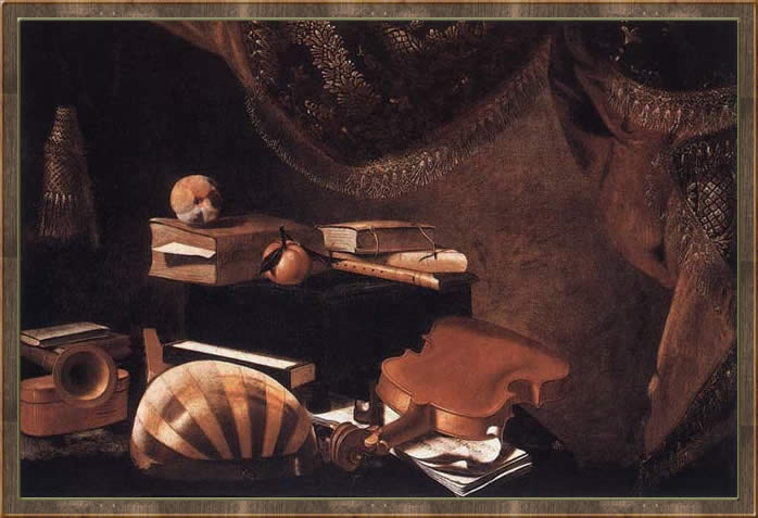 Эваристо Башенис. Натюрмотр с музыкальными инструментами. ок.1650 года. Холст, масло.
