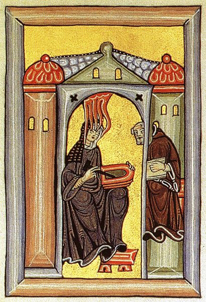 На Хильдегарду Бингенскую нисходит божественное вдохновение. Миниатюра из рукописи Liber Scivias (монастырь Рупертсберг (Rupertsberg)